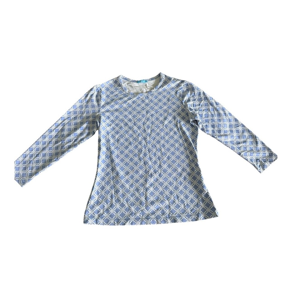 J. McLaughlin 3/4 Sleeve Top XS Chain Print Blue Catalina Cloth Stretch Coastal